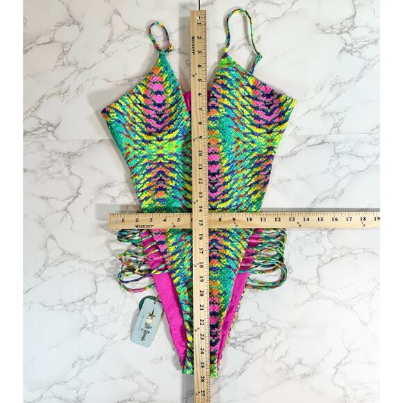 Luli Fama Oasis Babe REVERSIBLE Strappy Bright Colored One Piece SZ M $185 - Picture 15 of 15